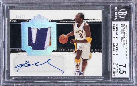 2003-04 UD "Exquisite Collection" Noble Nameplates #KB Kobe Bryant Signed Game Used Patch Card (#07/25) – BGS NM+ 7.5/BGS 10